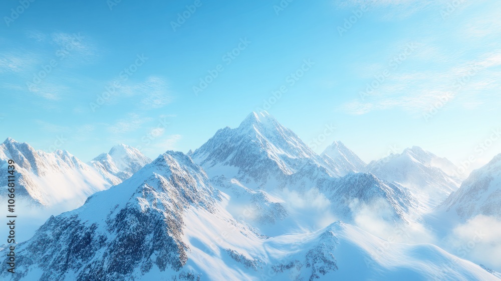 Snow-capped mountains under a clear blue sky, perfect for winter travel background themes Snow-capped mountains under a clear blue sky, perfect for winter travel background themes