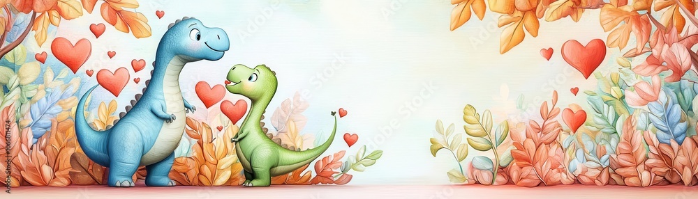 Fototapeta premium Unique Wide-Angle Shot of Dinosaurs in Love, Surrounded by Heart-Shaped Leaves