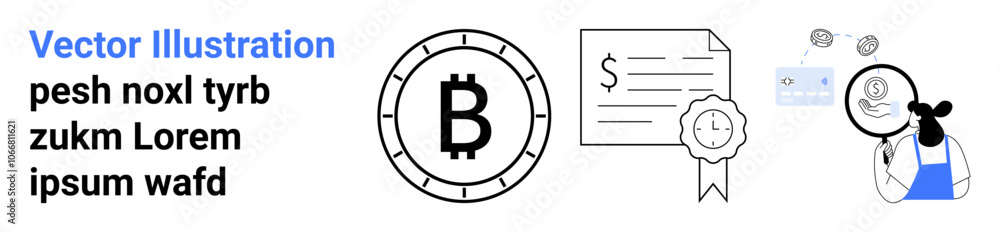 Bitcoin symbol, certificate with ribbon, magnifying glass on folded paper, dollar symbol, and thinking person. Ideal for cryptocurrency analysis, blockchain technology, financial certifications Bitcoin symbol, certificate with ribbon, magnifying glass on folded paper, dollar symbol, and thinking person. Ideal for cryptocurrency analysis, blockchain technology, financial certifications