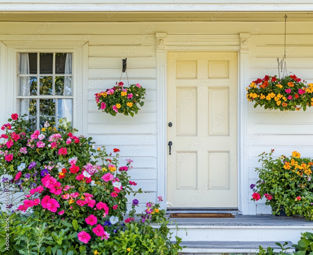 Bright day at a white home with cream door and porch florals. Bright day at a white home with cream door and porch florals.