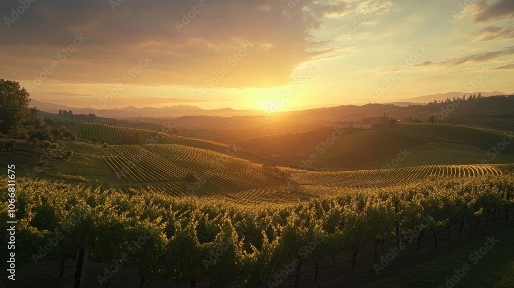 Fototapeta premium Sunset over rolling vineyards, ideal for wine tourism and scenic countryside travel