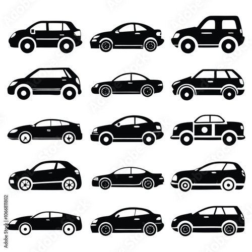 front and side view car icons line and silhouette