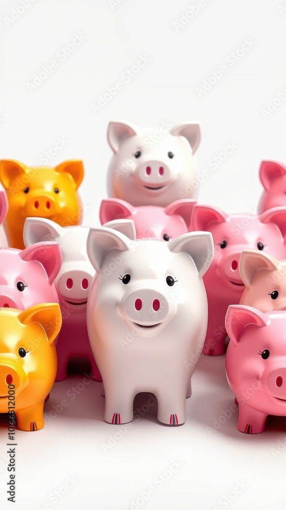 A group of piggy banks stand together on a white background A group of piggy banks stand together on a white background