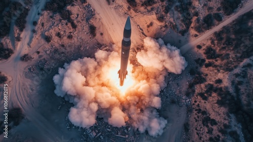 Fototapeta Naklejka Na Ścianę i Meble -  Powerful rocket launching from a rugged desert terrain, surrounded by clouds of smoke and flames.