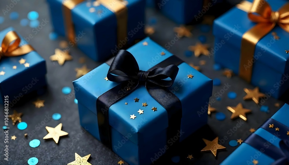 close up Blue gift box black ribbon, generative AI close up Blue gift box black ribbon, generative AI