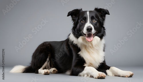 a black and white dog with its tongue out
