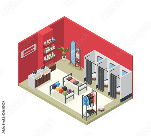 Isometric fashion store interior. Stands with accessories, bags shoes and different clothes. Shop furniture, fitting room and cashier desk, flawless vector scene