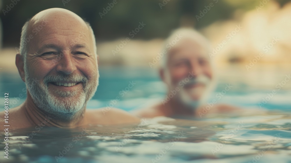 Fototapeta premium Two cheerful seniors swim in a pool, sharing laughter and enjoyment on a sunny day, highlighting the joy of friendship and active living
