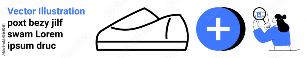 Shoe icon, blue medical cross, person examining-abstract. Ideal for e-commerce, healthcare, technology, innovation, product inspection, modern design, user interface concepts. Landing page Shoe icon, blue medical cross, person examining-abstract. Ideal for e-commerce, healthcare, technology, innovation, product inspection, modern design, user interface concepts. Landing page