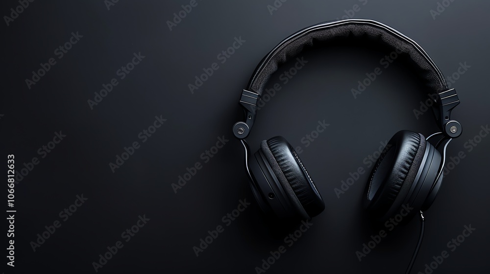 Black headphones with a black cord on a dark background. Black headphones with a black cord on a dark background.