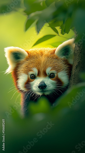 Nature’s Acrobat: Red Panda Scaling Tree Branches in Green Surroundings photo