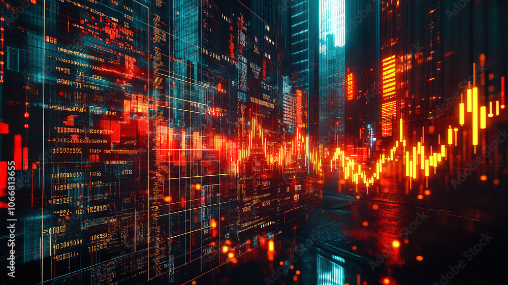 Visualizing a market crash concept with digital indicators and declining charts on cityscape Visualizing a market crash concept with digital indicators and declining charts on cityscape