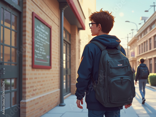 Generated illustration of young college student going to their business in the university complex.