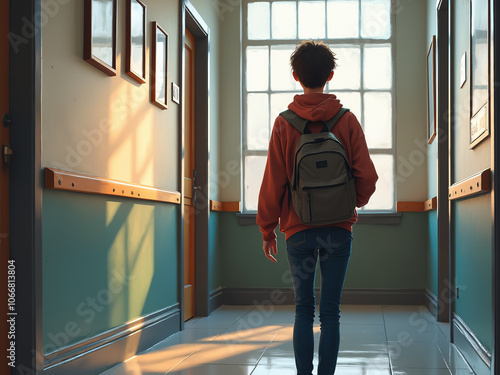 Generated illustration of young college student going to their business in the university complex.