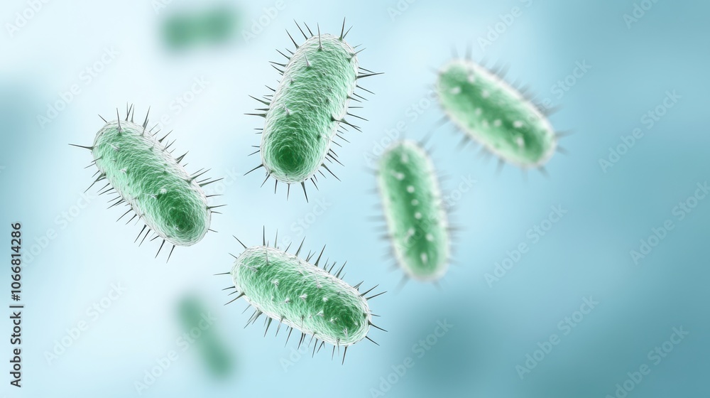 A microscopic view of green bacteria with fine hair-like structures, suspended in a soft blue background. A microscopic view of green bacteria with fine hair-like structures, suspended in a soft blue background.