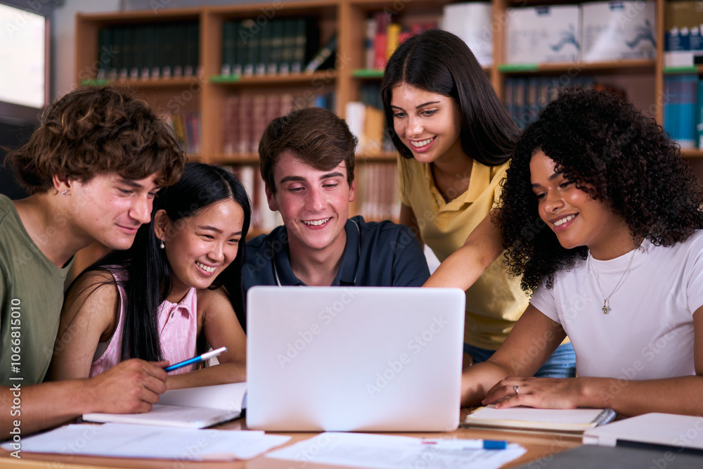 Diverse group of high school young students working together using and looking at laptop in library. Happy Generation Z classmates multiracial friends studying sitting with computer on class project Diverse group of high school young students working together using and looking at laptop in library. Happy Generation Z classmates multiracial friends studying sitting with computer on class project