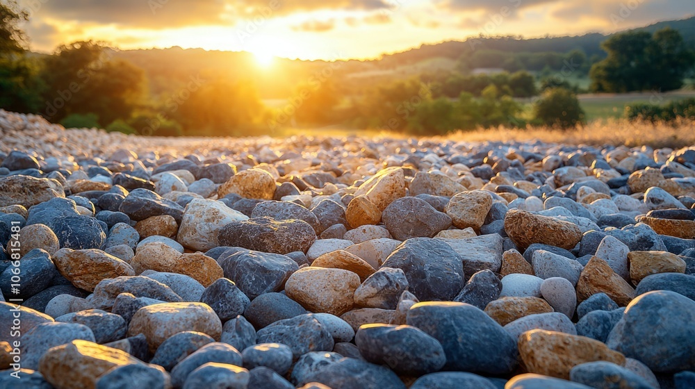 Obraz premium Smooth River Rocks Bathed in Golden Sunset Light
