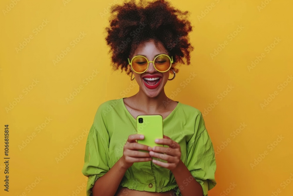 Share A Smile. Excited Afro American Girl Reading Social Network News on Smartphone Share A Smile. Excited Afro American Girl Reading Social Network News on Smartphone