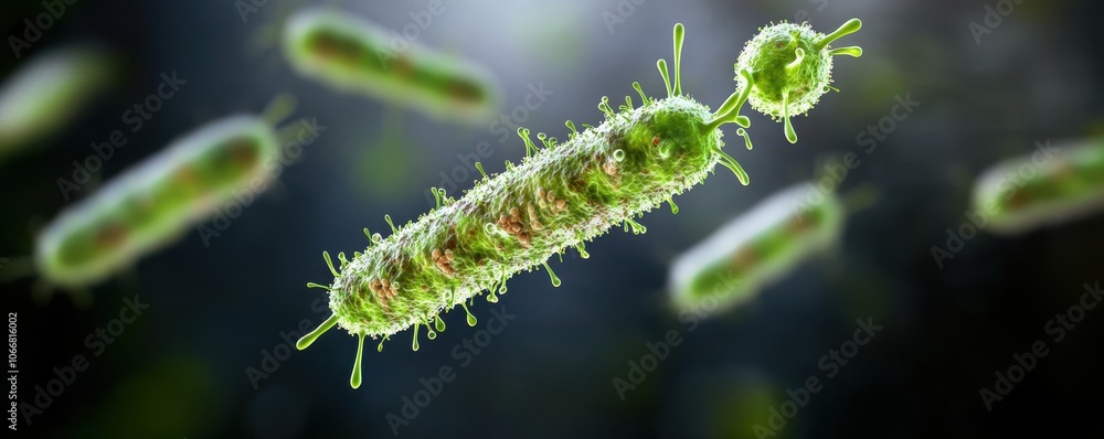 Naklejka premium A microscopic view of green bacteria, showcasing their elongated shapes and textures in a vibrant, illuminated environment.