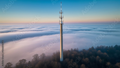 Impressive communication tower amidst a sea of clouds.