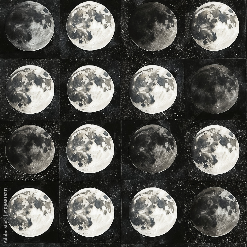 Obraz premium Full moon phases pattern with cosmic background in black. Seamless pattern.