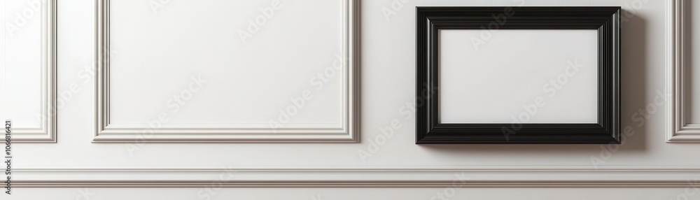 A clean, modern wall featuring intricate paneling with an empty black picture frame, inviting creativity and personalization. A clean, modern wall featuring intricate paneling with an empty black picture frame, inviting creativity and personalization.