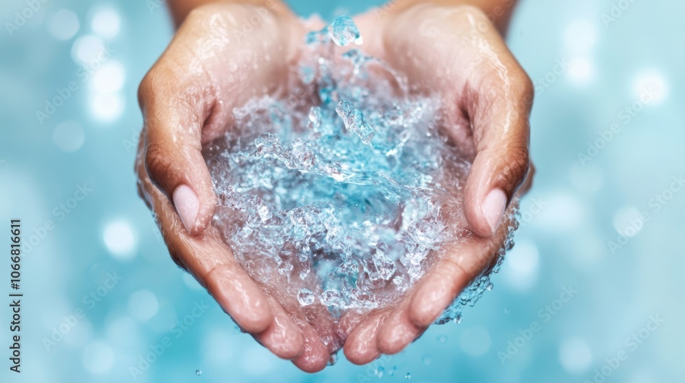 Fototapeta premium Two hands cupping a splash of clear water against a blue background, symbolizing freshness, purity, and the importance of clean water.