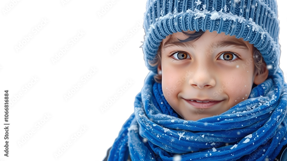 Young boy looking at camera with blue scarf and winter hat. Young boy looking at camera with blue scarf and winter hat.