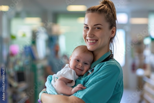 Portrait of a nurturing nurse with a newborn, reflecting care and dedication in healthcare.