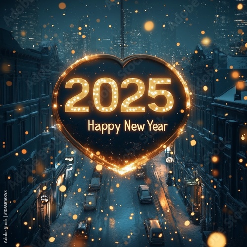 A glowing heart-shaped sign announces Happy New Year 2025 in a snowy urban street adorned with festive lights and celebration atmosphere photo