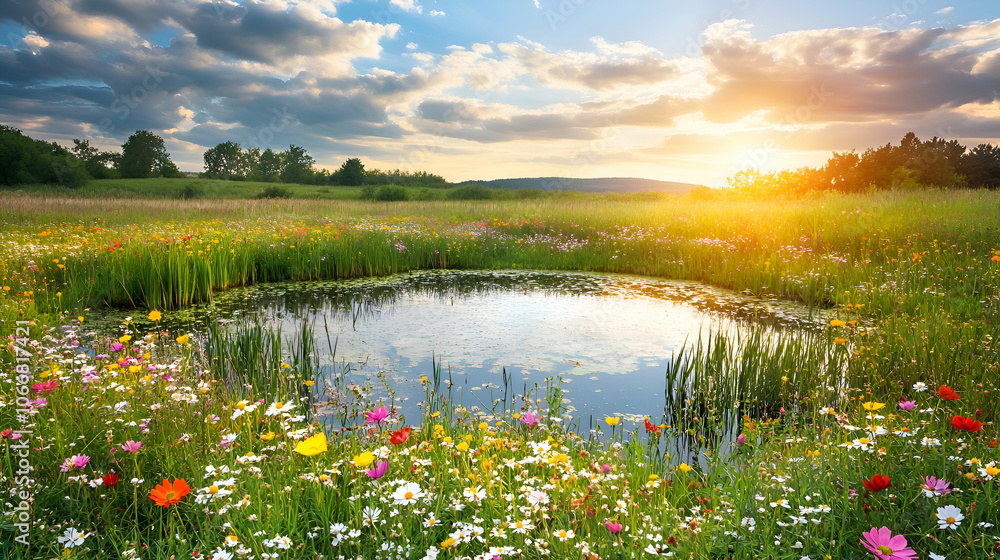 A small pond surrounded by a field of wildflowers at sunset. A small pond surrounded by a field of wildflowers at sunset.