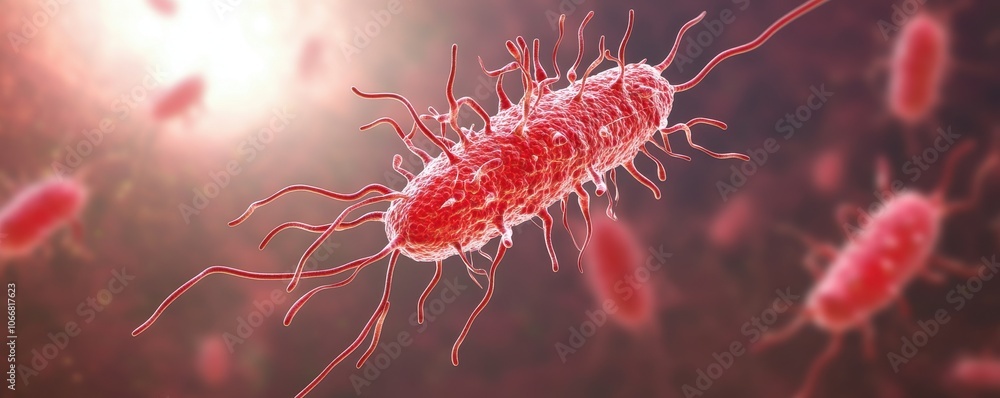 A close-up view of a bacterial cell, featuring its elongated shape and numerous flagella, showcasing its intricate structure and vibrant coloration. A close-up view of a bacterial cell, featuring its elongated shape and numerous flagella, showcasing its intricate structure and vibrant coloration.