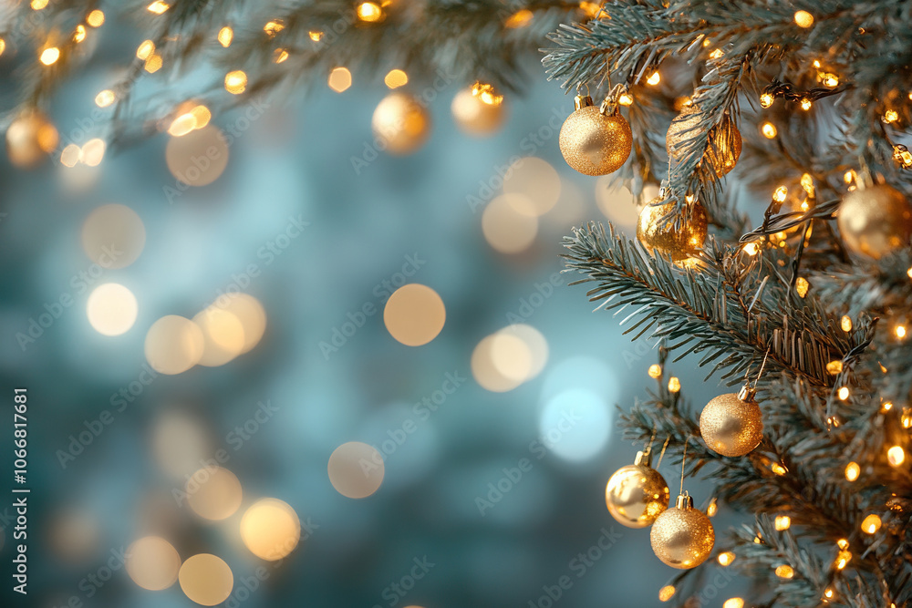 Copy space with golden bokeh and fir branches in golden decorations. Christmas background or banner. Copy space with golden bokeh and fir branches in golden decorations. Christmas background or banner.