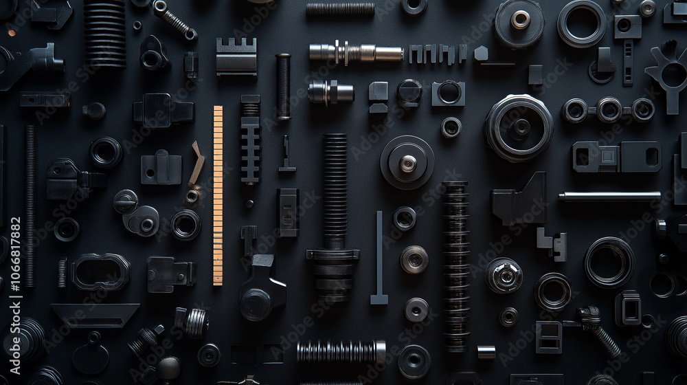 Black mechanical parts on a black board Black mechanical parts on a black board