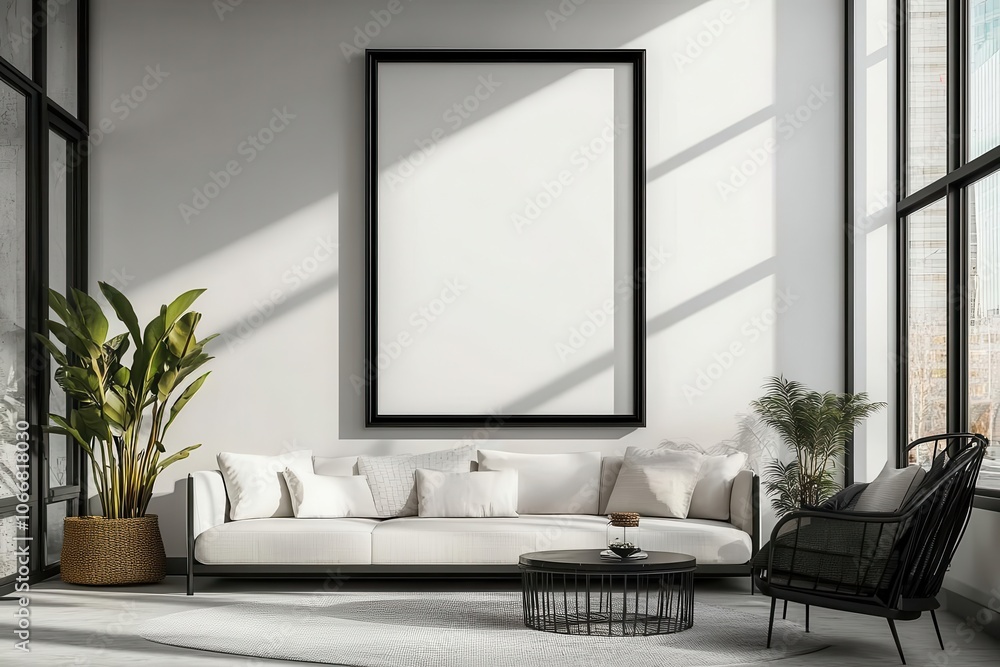 Fototapeta premium A bright, modern living room features a large blank frame, a stylish couch, and greenery, highlighting a minimalist aesthetic.