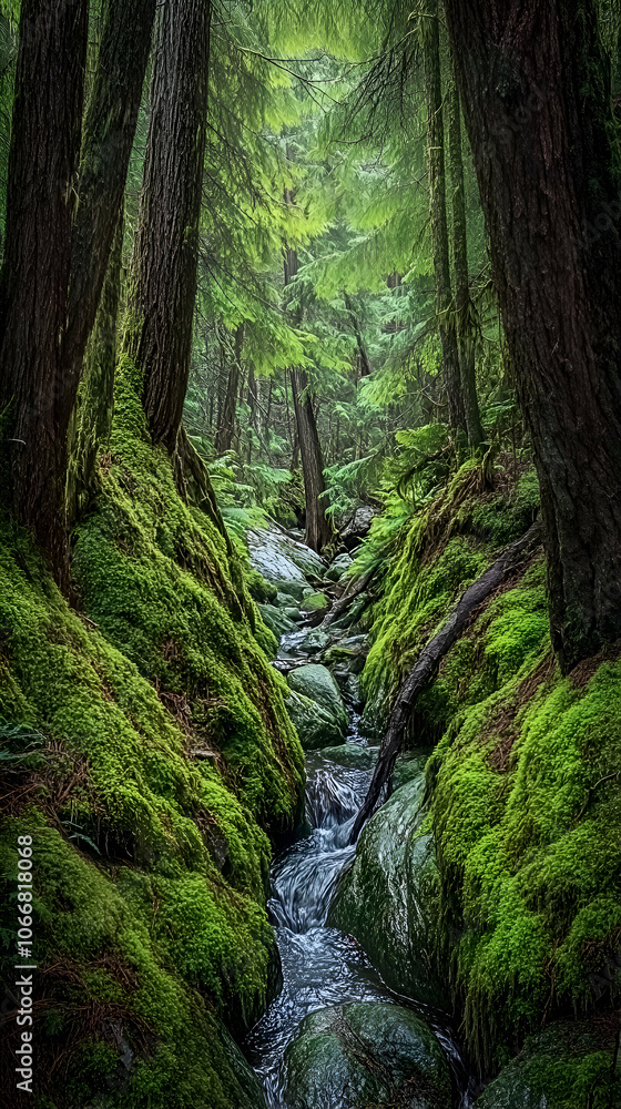 A tranquil stream flows through a lush, mossy forest, sunlight filtering through the canopy. A tranquil stream flows through a lush, mossy forest, sunlight filtering through the canopy.