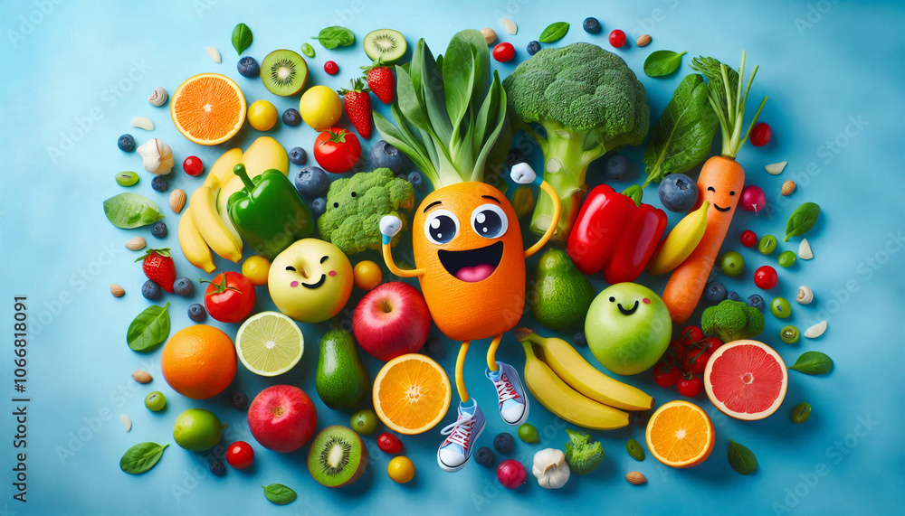 Bright, cheerful fruits and vegetables with happy expressions, promoting a healthy and balanced diet in a colorful arrangement Bright, cheerful fruits and vegetables with happy expressions, promoting a healthy and balanced diet in a colorful arrangement