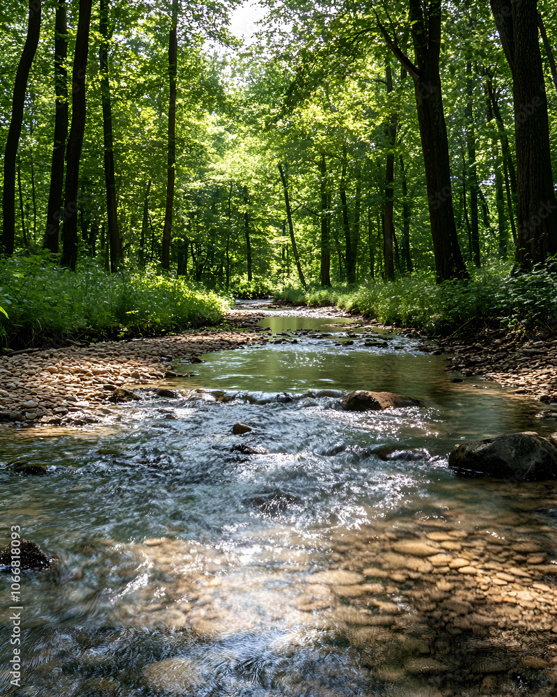 A tranquil stream flows through a lush, green forest. A tranquil stream flows through a lush, green forest.