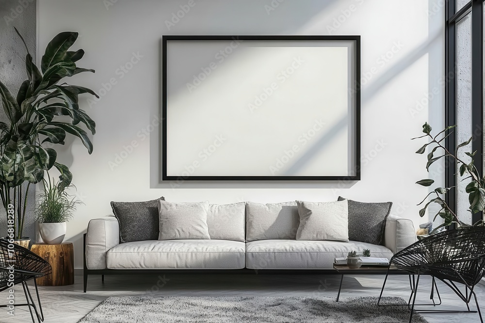 A modern living room featuring a minimalist white couch, large empty framed art, green plants, and natural light streaming through large windows. A modern living room featuring a minimalist white couch, large empty framed art, green plants, and natural light streaming through large windows.