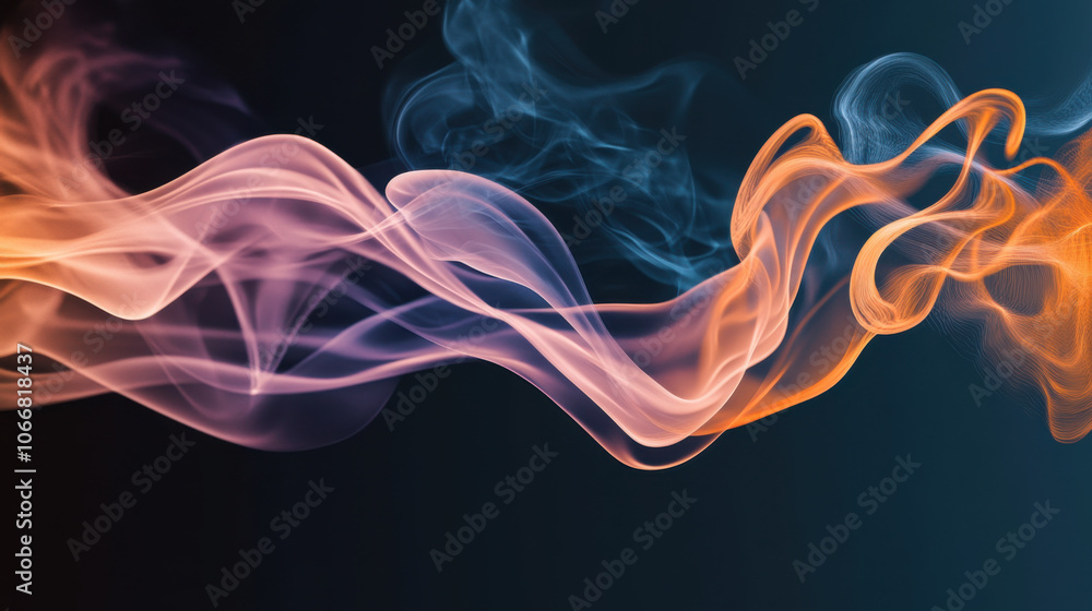 Ethereal smoke waves in vibrant colors create dynamic visual effect, blending shades of orange and blue against dark background. This captivating image evokes sense of movement and fluidity Ethereal smoke waves in vibrant colors create dynamic visual effect, blending shades of orange and blue against dark background. This captivating image evokes sense of movement and fluidity