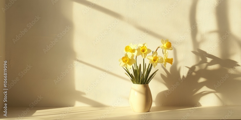 A spring themed home decor setting showcases joyful yellow daffodils elegantly arranged in a vase. The environment feels bright, sunny, and minimalist, offering plenty of copyspace. A spring themed home decor setting showcases joyful yellow daffodils elegantly arranged in a vase. The environment feels bright, sunny, and minimalist, offering plenty of copyspace.