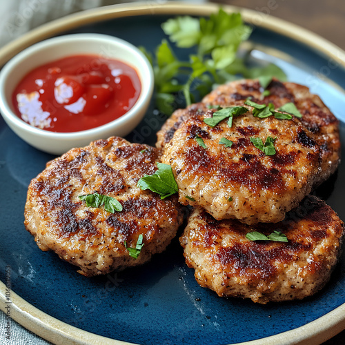 Healthy Turkey Patties on Plate with Herbs photo