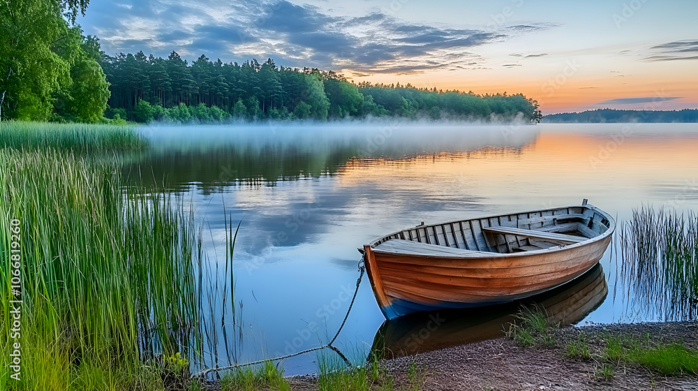 A wooden boat sits on a calm lake with a foggy sunrise and a forest in the background. A wooden boat sits on a calm lake with a foggy sunrise and a forest in the background.