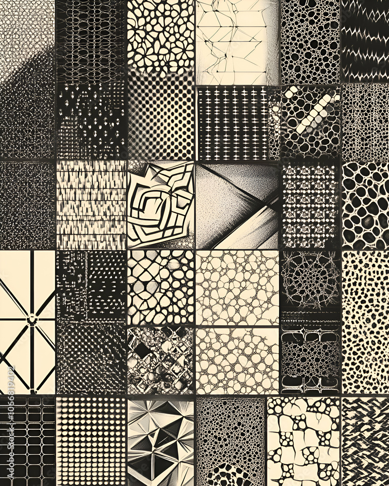 Fototapeta premium Abstract geometric pattern background, black and white grid, seamless repeat texture, graphic design element, digital art, modern.
