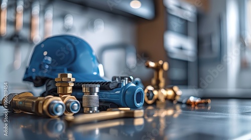Desk Displaying Plumbing Components and Tools Alongside a Model House, Pipe Wrench, Faucet, and Blue Hat Representing Plumbing Shop and Services for Technical Assistance and Supply