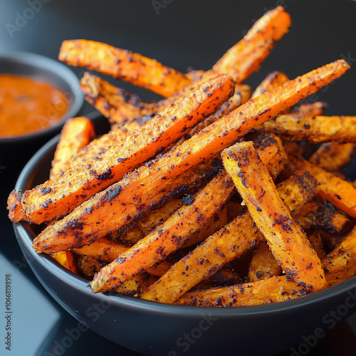 Seasoned Spiced Carrot Fries on Black Plate photo