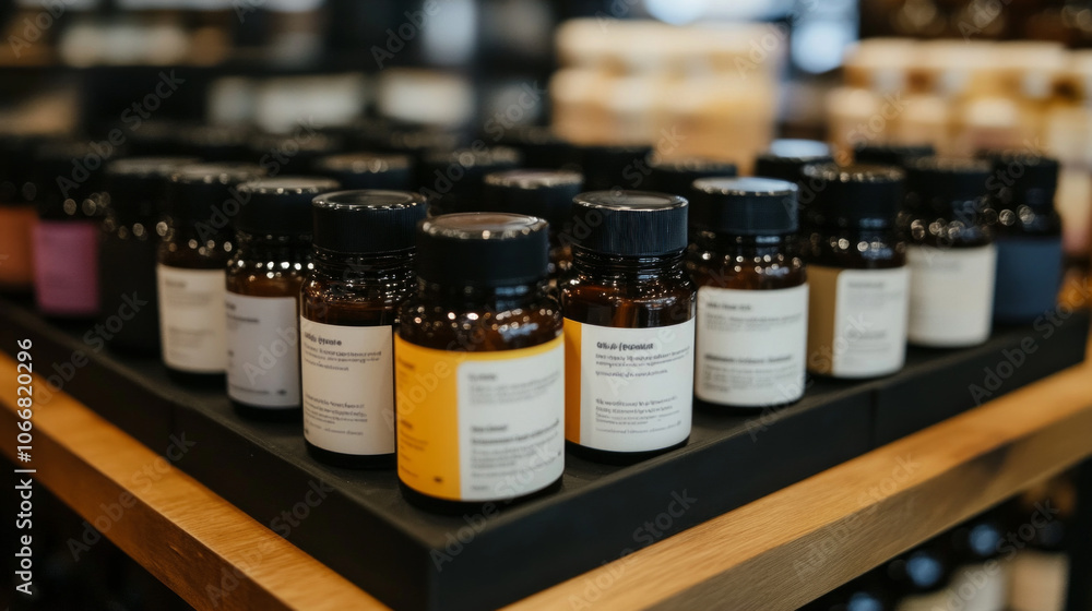 Display of various product labels on shelves in a modern retail environment showcasing health supplements Display of various product labels on shelves in a modern retail environment showcasing health supplements