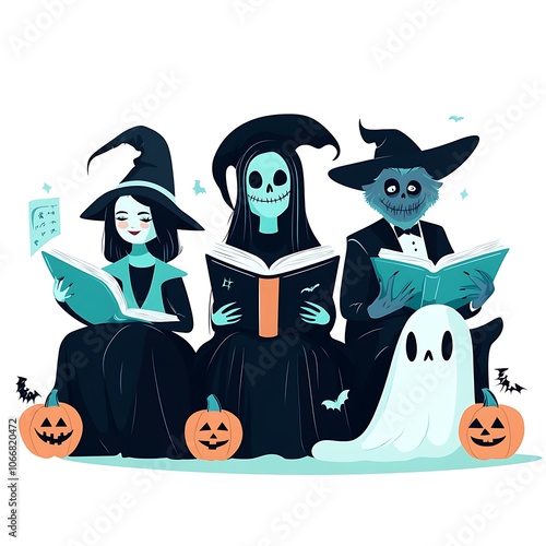 Enchanting witches gather around for a spooky storytelling session during halloween festivities photo