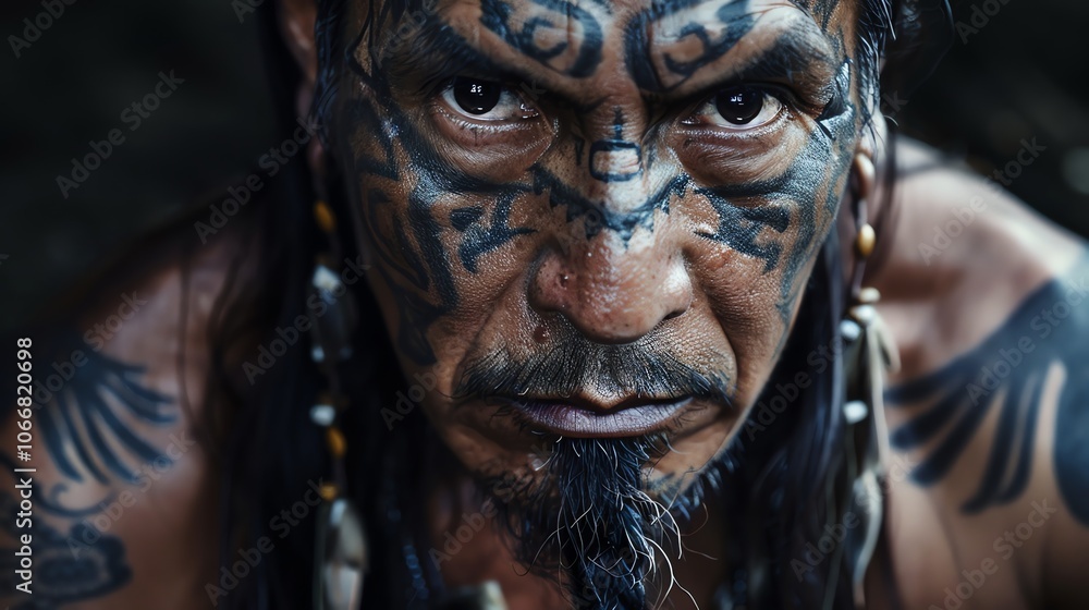 Close up portrait of an indigenous man with intricate tattoos on his face and shoulders. Close up portrait of an indigenous man with intricate tattoos on his face and shoulders.