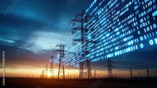 High voltage towers and power lines silhouetted against sunset, with digital binary code overlay, representing technology and energy